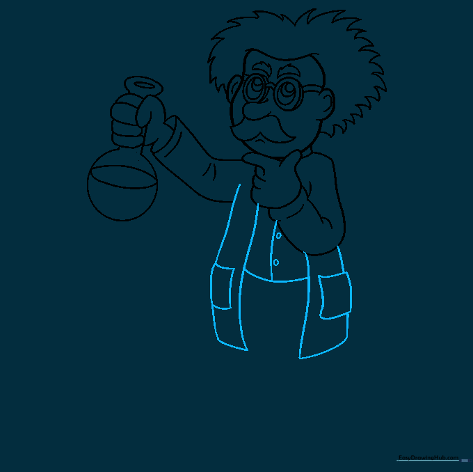 Adding pockets and buttons to the scientist's lab coat.
