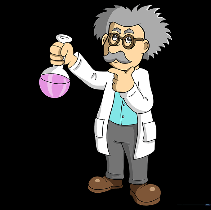 The finished, colored cartoon scientist drawing.