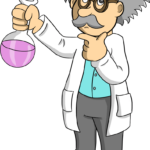 A colorful, finished cartoon scientist holding a bubbling flask.