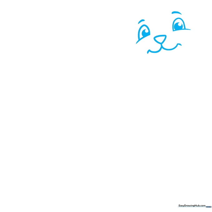 Close-up of a cartoon sea otter face sketch showing eyes, nose, and mouth details on white paper.