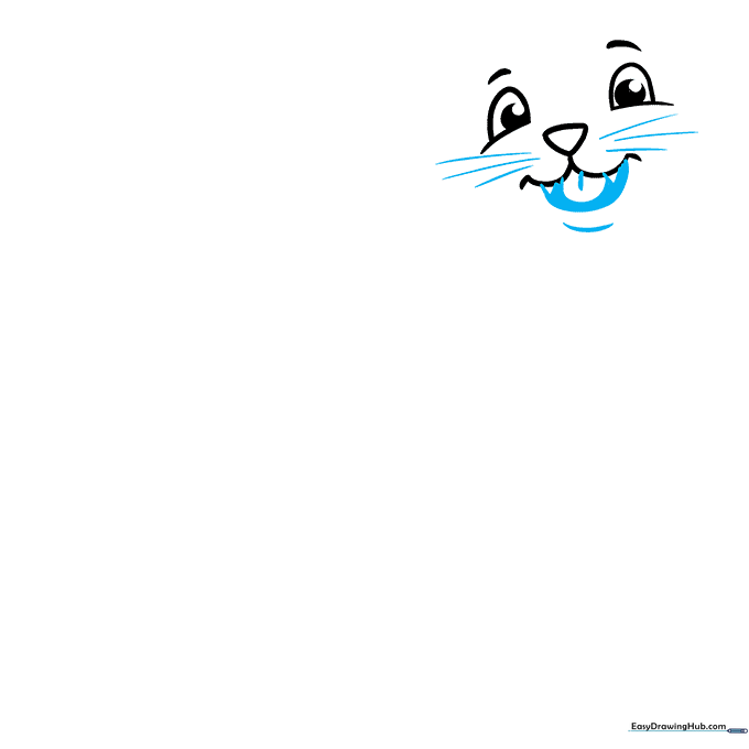Drawing the mouth and whiskers of a cartoon sea otter with simple curved lines.