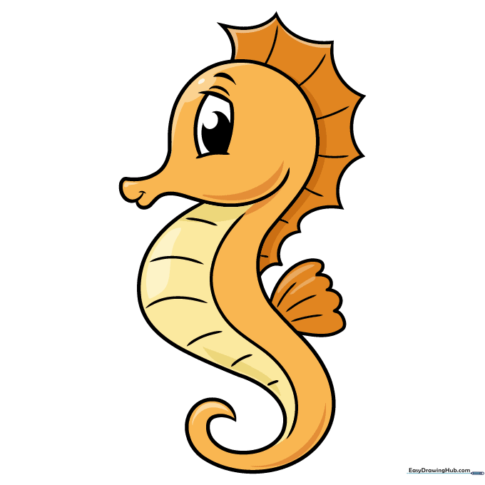 A fully colored, bright cartoon seahorse drawing on a white background.
