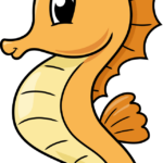 A vibrant, finished cartoon seahorse drawing, perfect for kids to learn from.