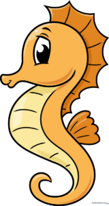 A vibrant, finished cartoon seahorse drawing, perfect for kids to learn from.
