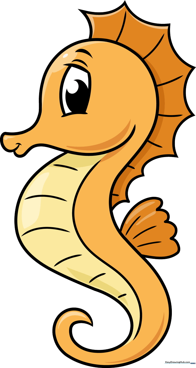 A vibrant, finished cartoon seahorse drawing, perfect for kids to learn from.
