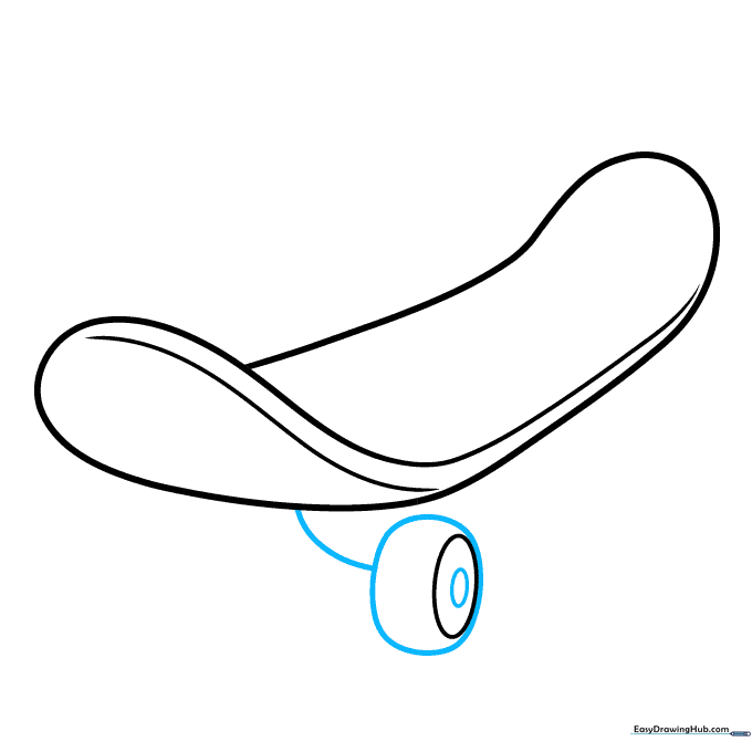 Detailed drawing of a skateboard wheel with hub and tire.