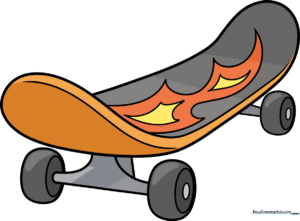 A vibrant, finished cartoon skateboard drawing with flame designs.
