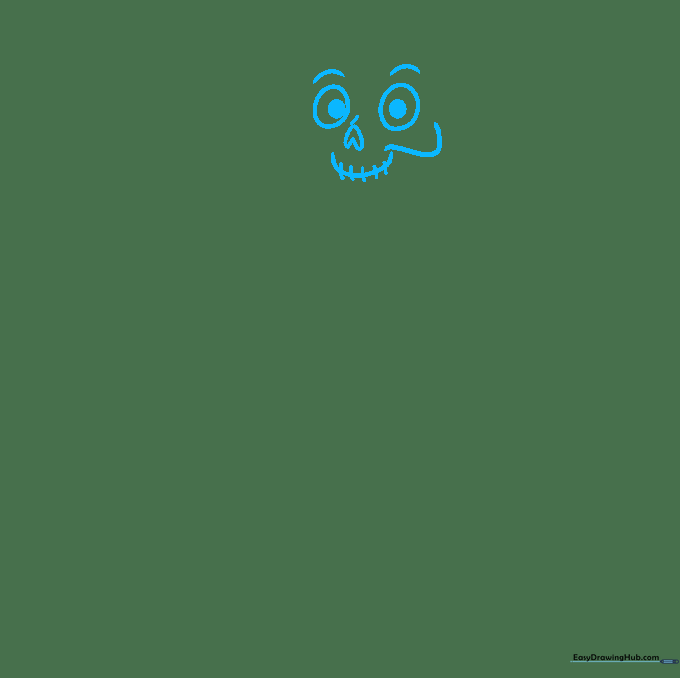 Pencil sketch showing the eye sockets, nose, and mouth structure of a cartoon skeleton.
