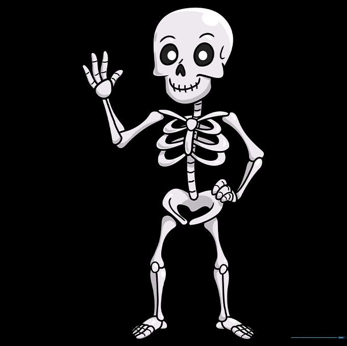 The finished, colored cartoon skeleton drawing.