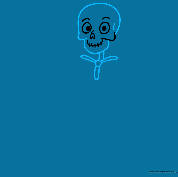 Drawing the skull outline and neck connection for a cartoon skeleton.