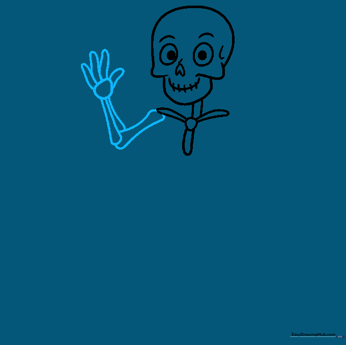 Sketching the shoulder and arm structure on the left side of the skeleton.
