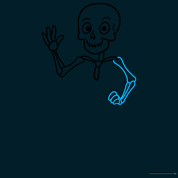 Adding the right arm and hand details to the cartoon skeleton.