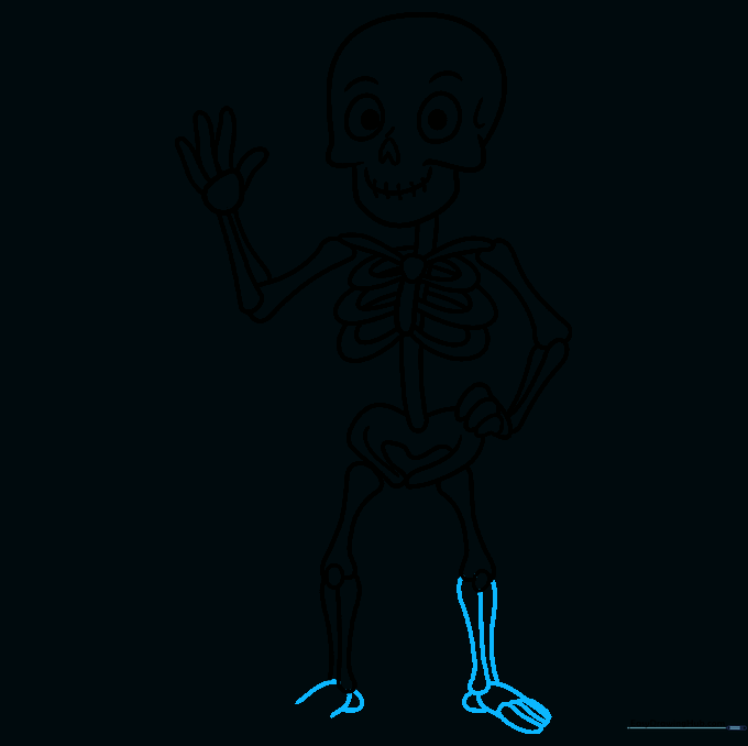 Adding the feet and toe details to the cartoon skeleton.