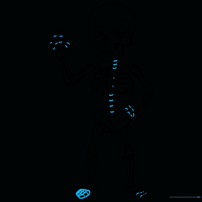 Finalizing the cartoon skeleton with clean ink outlines.