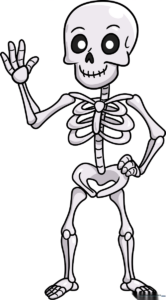 A friendly cartoon skeleton character standing in a pose, perfect for Halloween art projects.