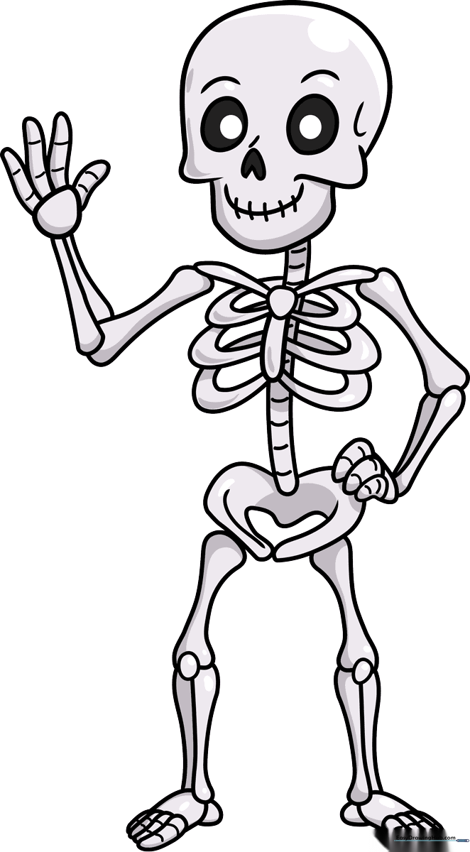 A friendly cartoon skeleton character standing in a pose, perfect for Halloween art projects.