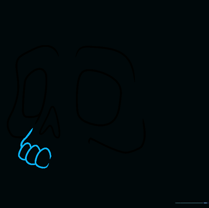 Drawing the upper jaw line and a series of overlapping C-shaped teeth.