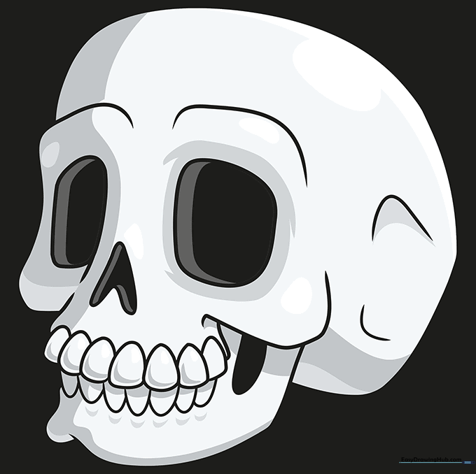 The finished cartoon skull drawing, colored in shades of off-white and grey.
