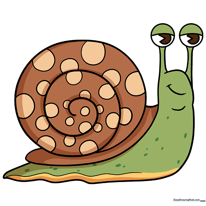 A fully colored, vibrant cartoon snail with green body and tan shell.