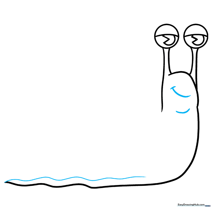 The snail's face with a smiling mouth and a completed foot outline.