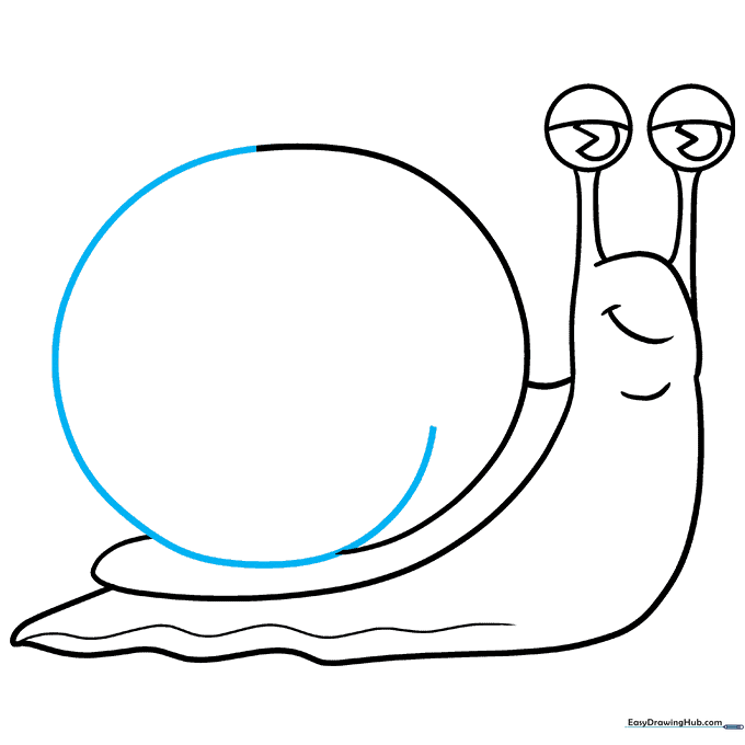 The snail shell with a completed outer circle and the beginning of an inner spiral.