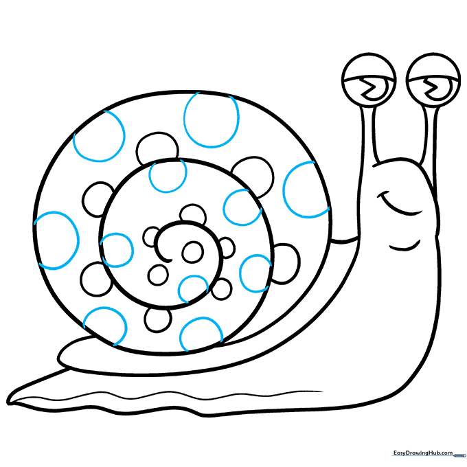 The completed line art of the cartoon snail, ready for coloring.