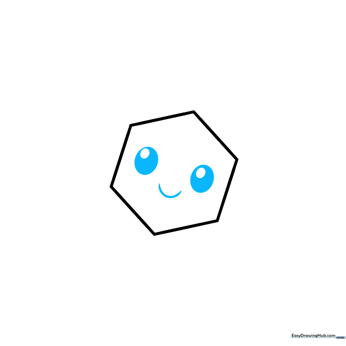 Close-up of a cartoon snowflake face with two oval eyes and a smiling mouth drawn inside the hexagon guide.