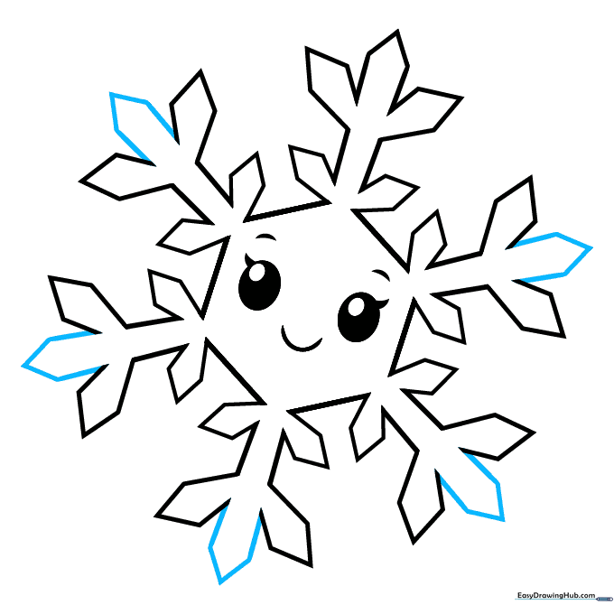 The finished line-art of the cartoon snowflake, ready for coloring.