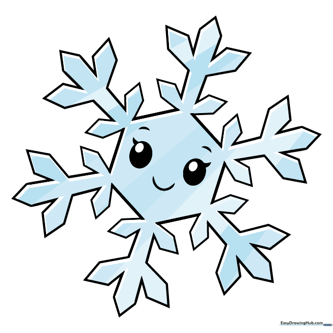 A fully colored, cute cartoon snowflake with blue shading and a happy expression.