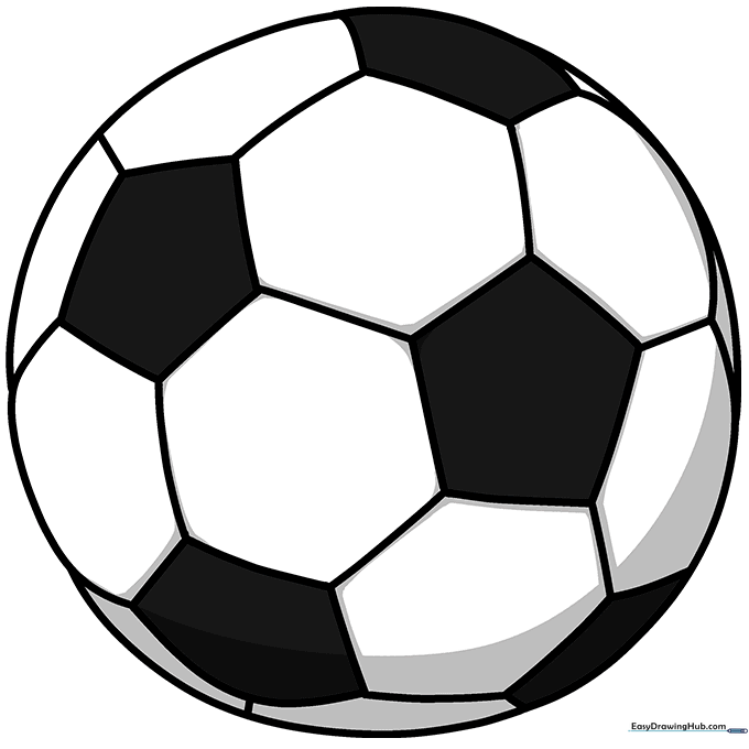 A finished, colored cartoon soccer ball with black pentagons and white hexagons.
