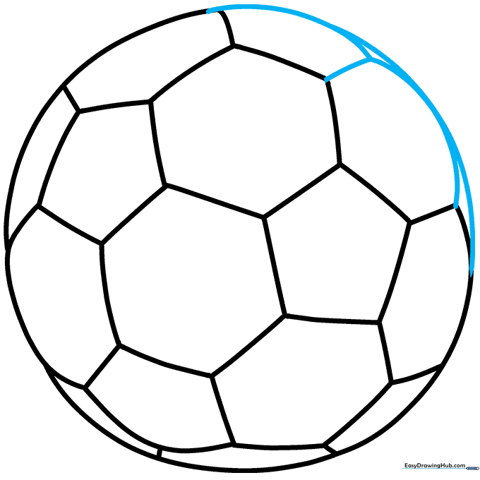 Completing the final outline and geometric details of the soccer ball.