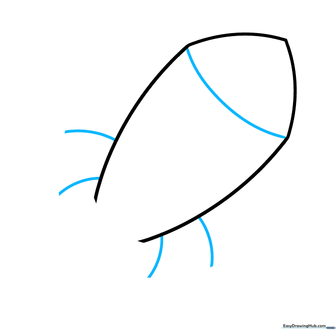 Drawing the base of the nose cone and initial guidelines for the spaceship fins.