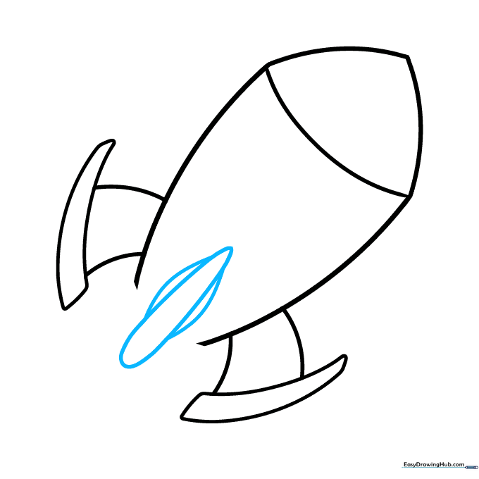 Adding a central teardrop engine shape and an additional fin for depth.
