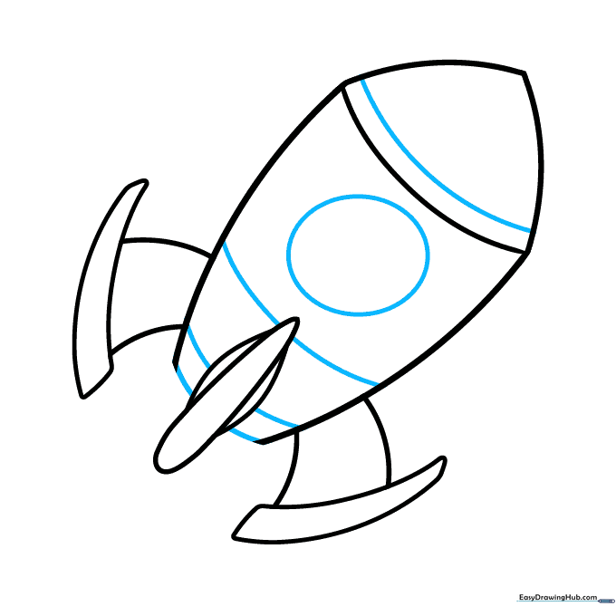 Drawing horizontal structural lines and a circular portal window on the spaceship body.