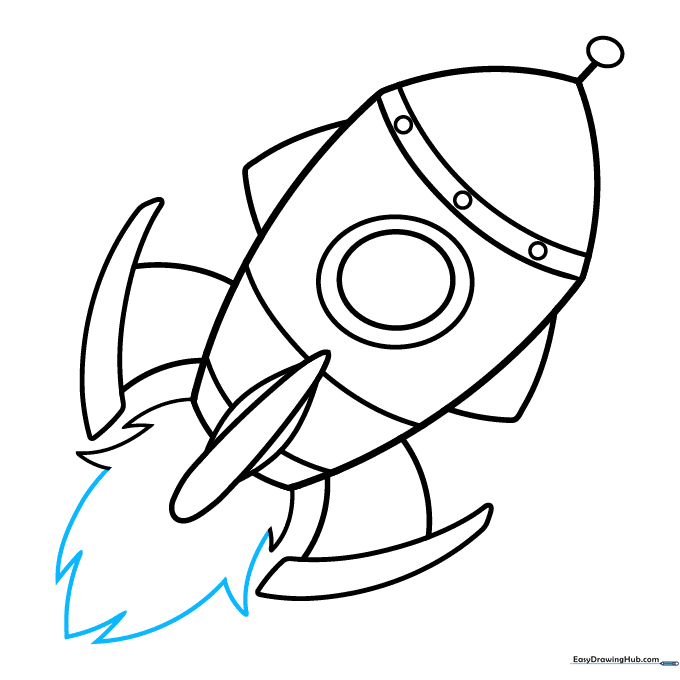Expanding the flame shapes with sharp, pointed lines at the base of the rocket.