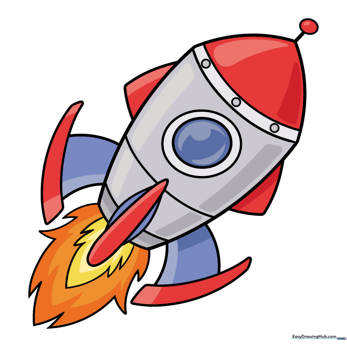 A fully colored cartoon spaceship with silver body, red fins, and vibrant orange flames.