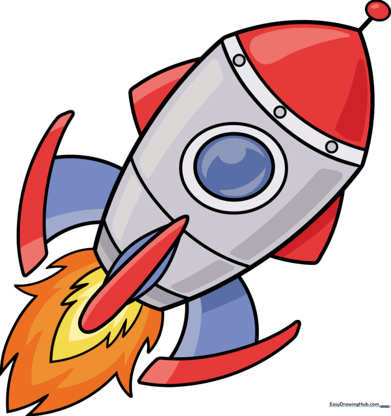 Colorful cartoon spaceship flying through space, featured image for drawing tutorial.