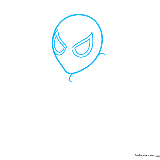Pencil sketch of a cartoon Spider-Man head showing the oval chin and large, expressive eye sockets.