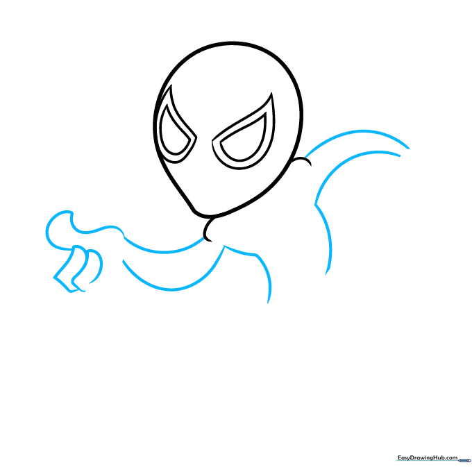 Basic construction lines for Spider-Man's upper body and arms using simple geometric shapes.