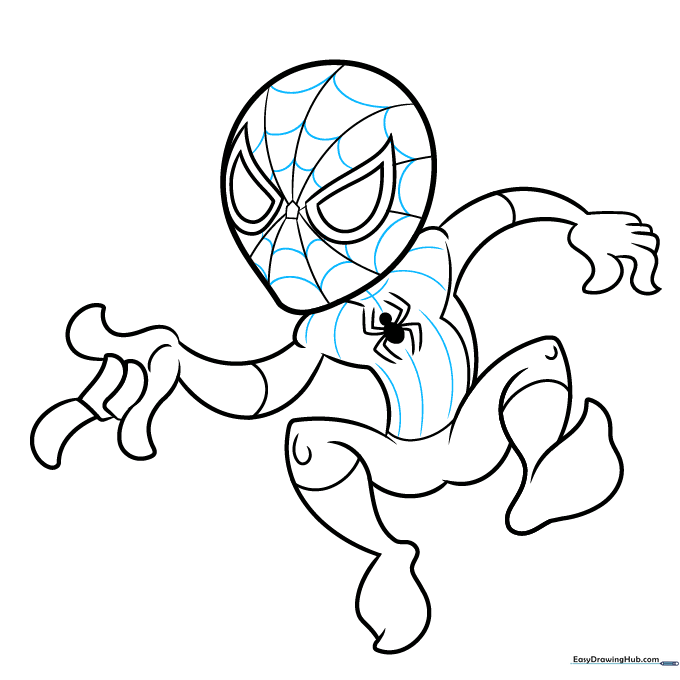 Drawing the web pattern on the mask and suit using curved lines.