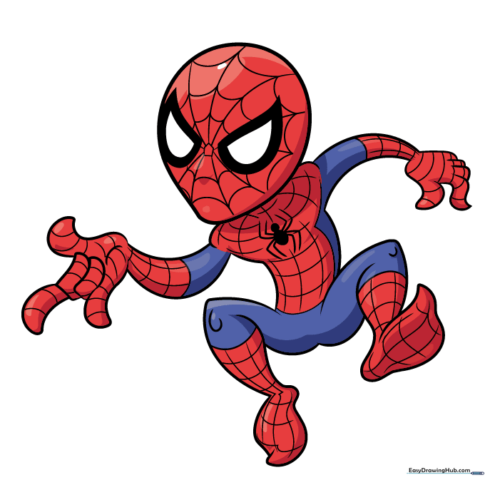 Finished, colored cartoon Spider-Man drawing with red and blue suit details.