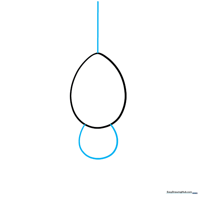 Drawing a small circle for the head and a vertical line for the hanging spider web.