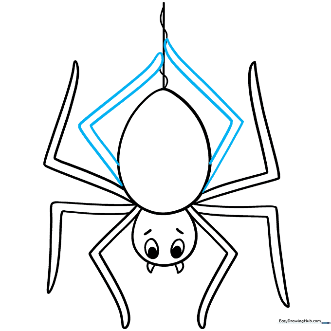 Finalizing the drawing by adding the top legs reaching for the spider web.