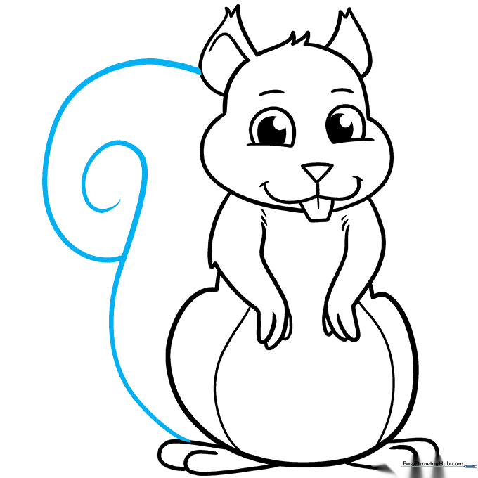 Drawing a large, spiraled, fluffy tail attached to the squirrel's back.