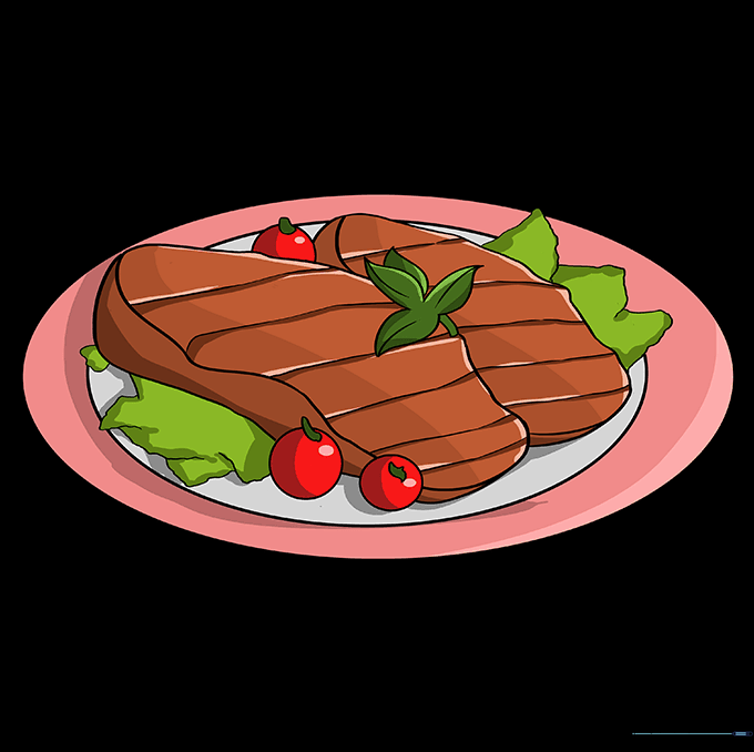 A fully colored cartoon steak drawing with garnish and tomatoes.