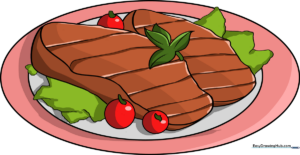 A vibrant, finished cartoon steak illustration on a plate, ready for display.