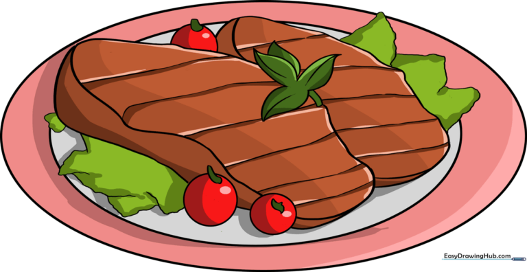 A vibrant, finished cartoon steak illustration on a plate, ready for display.