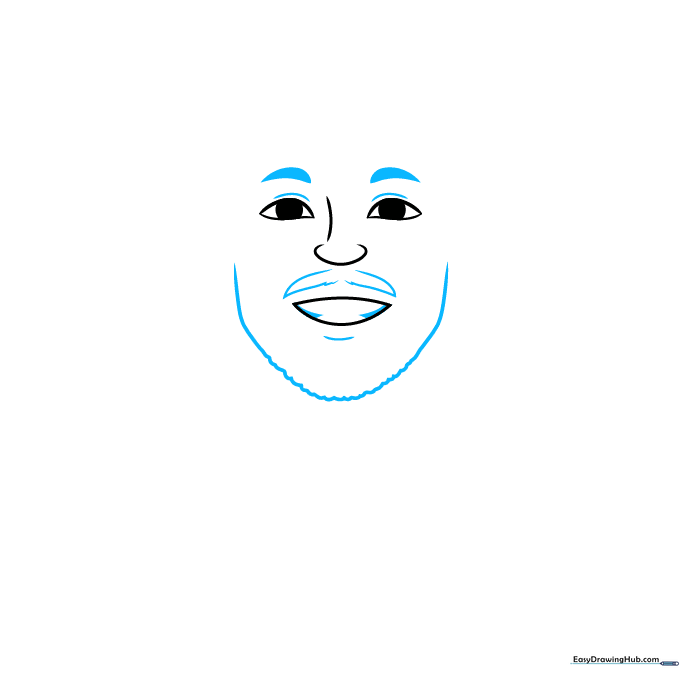 Detailed sketch showing Steph Curry's eyebrows, beard, and smiling mouth