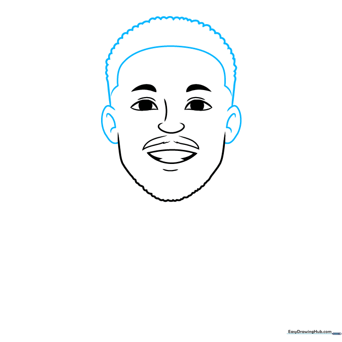 Sketching the head outline, ears, and hairline for cartoon Steph Curry