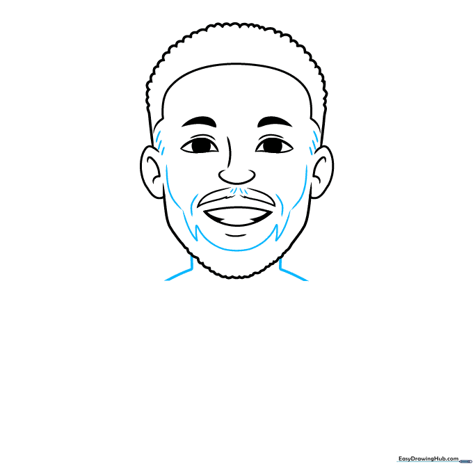 Drawing the neck and broad shoulders of the cartoon basketball player